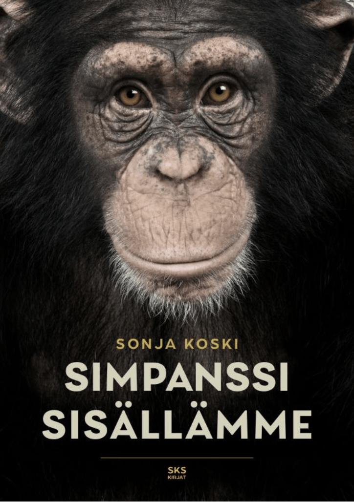 Simpanssi sisällämme -kirjan kansikuva. Kannessa simpanssin kasvokuva.