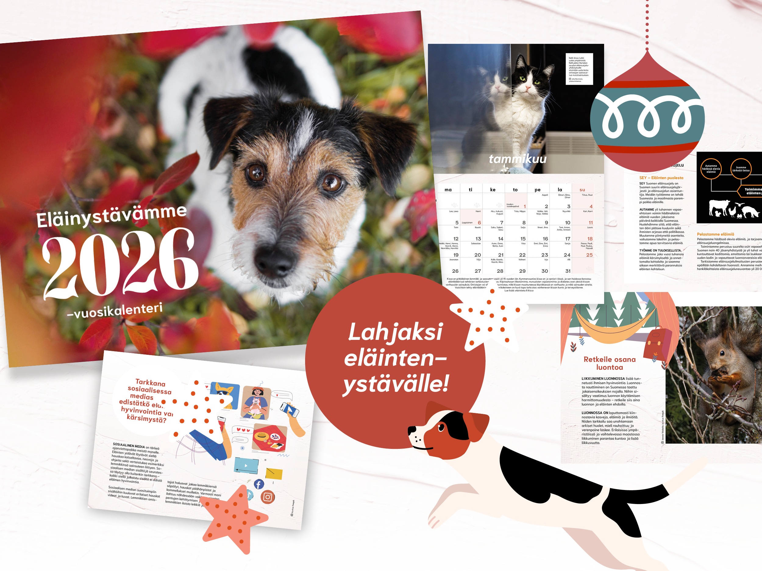 kuvia eläinaiheisen seinäkalenterin sivuista, auta eläimiä